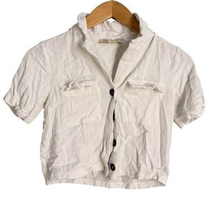 Monteau Los Angeles White Textured Button Up Cropped Short Sleeve Shirt Small